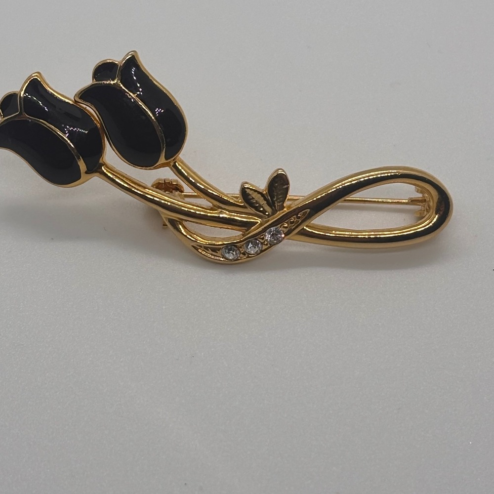 Gold Tone Black Enamel Tulip Brooch with Rhinestone Accent Elegant Floral Design